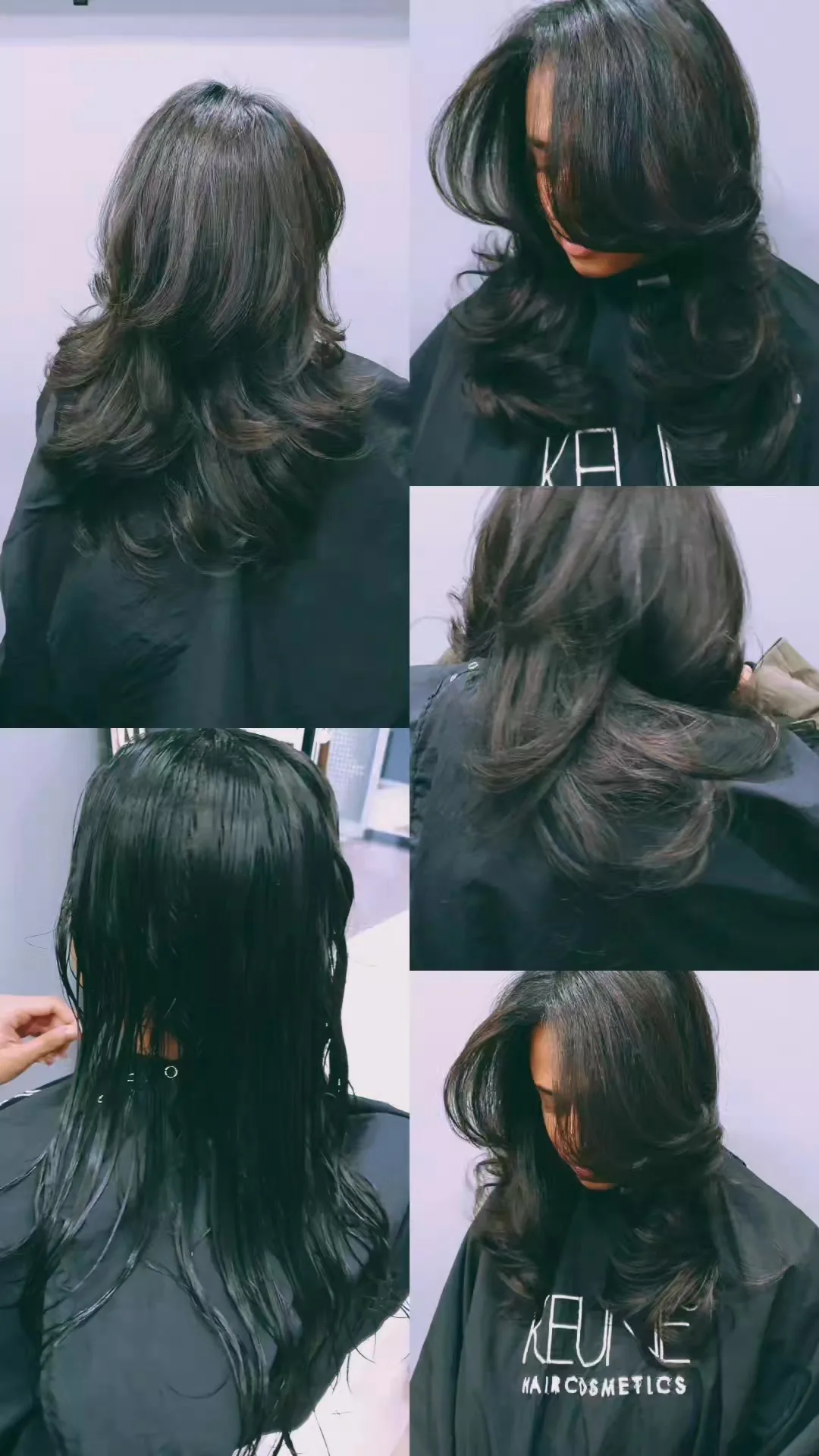 Five-panel composite of a glossy dark blowout from multiple angles, Keune cape